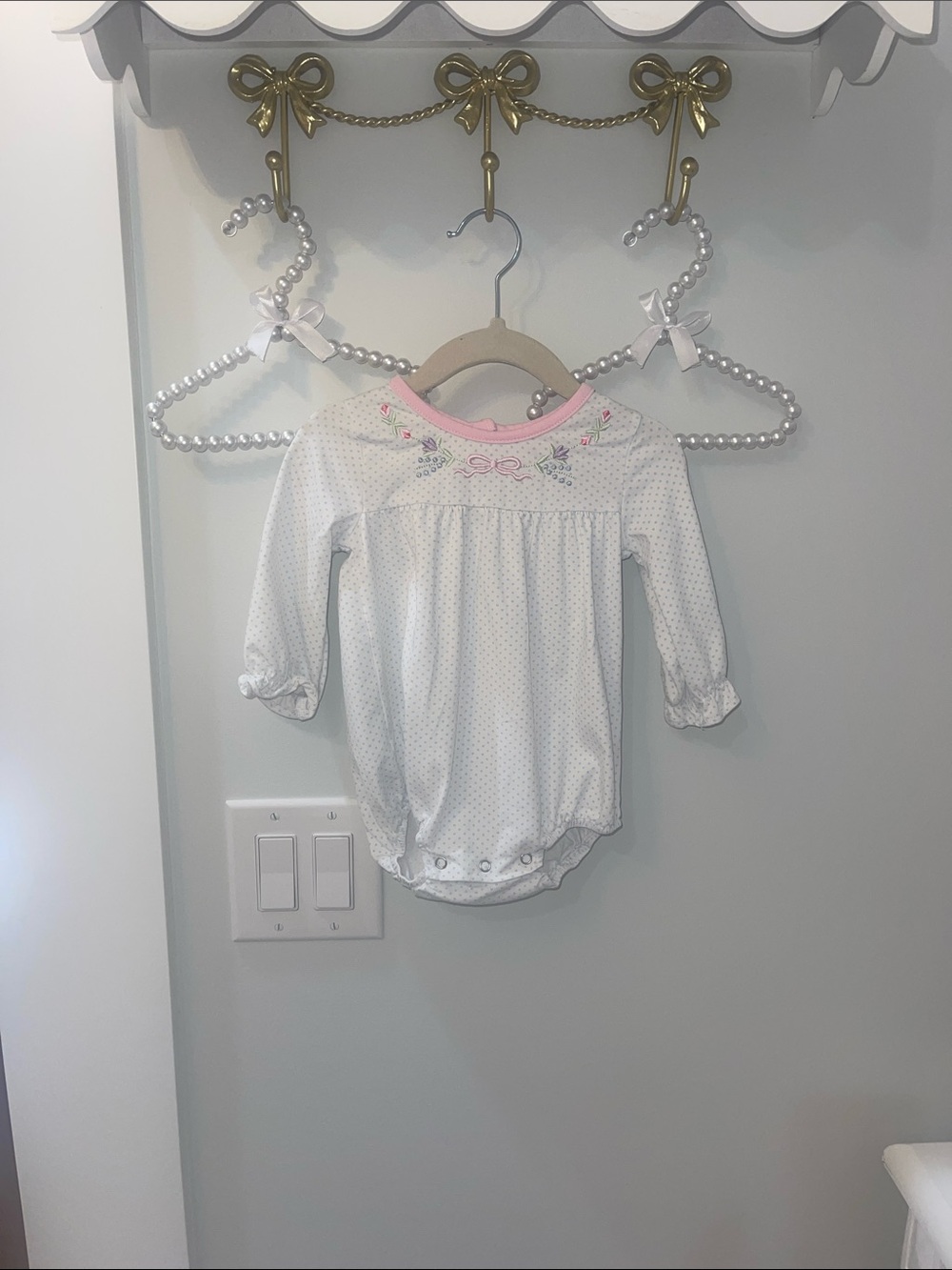 Baby Girl White Dot Long-Sleeve One-Piece with Pink Trim